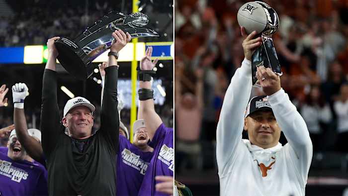 Kalen DeBoer and Steve Sarkisian lifting conference trophies.